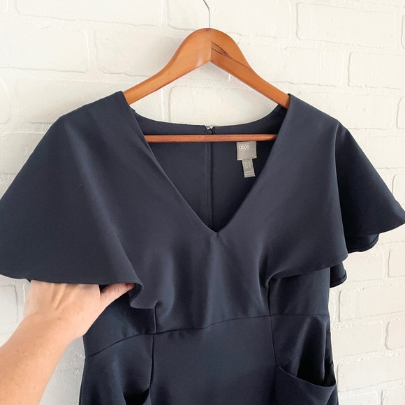 ASOS Midi dress Flounce Cape Angel Sleeve Pockets V neckline Navy blue Sz 10 - Picture 10 of 15